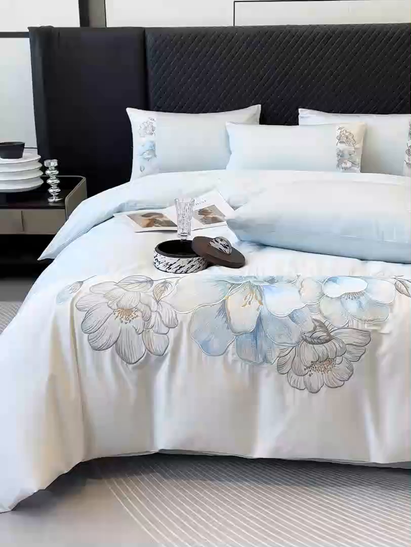 91家纺网 家纺一手货源 找家纺 优贝家纺 2026直播热款纯棉全棉100%刺绣四件套百分百 欧若拉-蓝