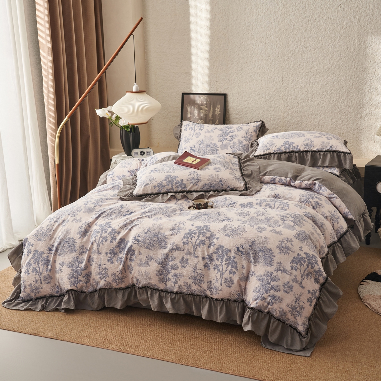 91家纺网 家纺一手货源 找家纺 晨曦家纺 2026春夏新款复古博主风A类亚麻皱皱纱花边四件套 青岚