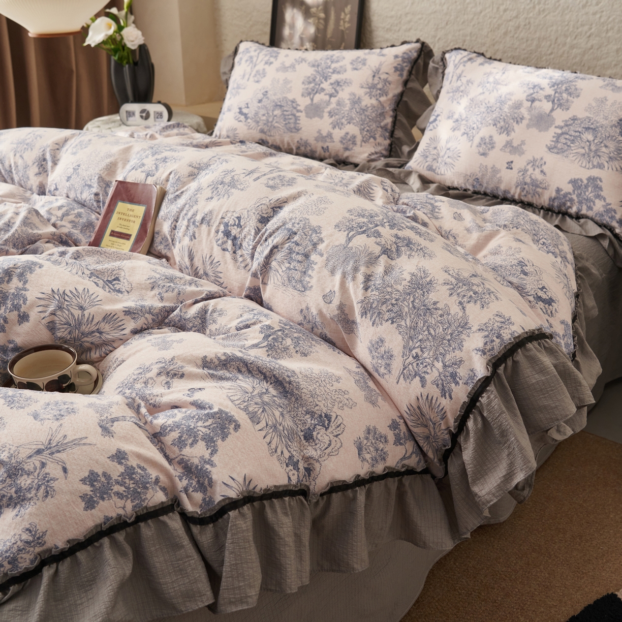 91家纺网 家纺一手货源 找家纺 晨曦家纺 2026春夏新款复古博主风A类亚麻皱皱纱花边四件套 青岚