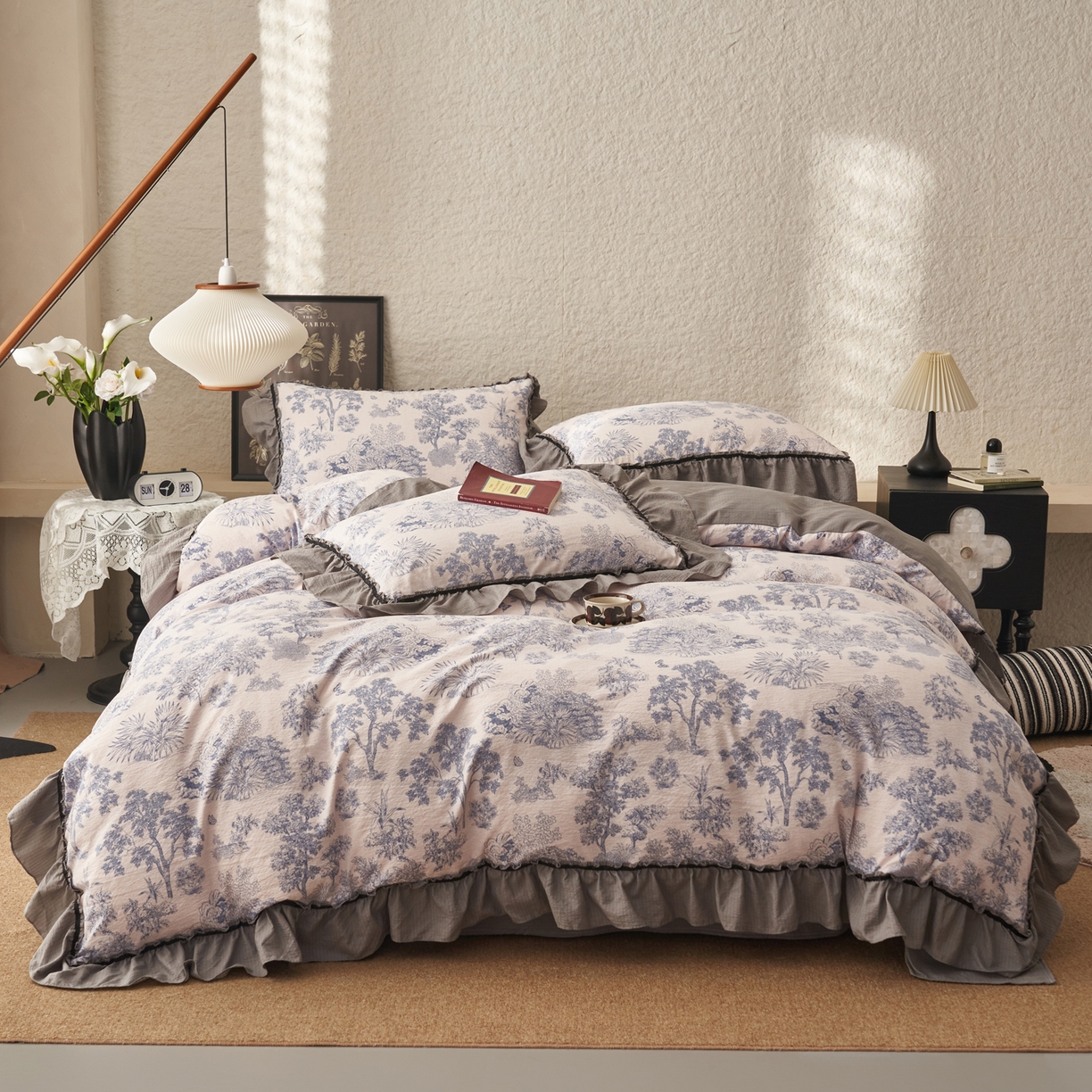 91家纺网 家纺一手货源 找家纺 晨曦家纺 2026春夏新款复古博主风A类亚麻皱皱纱花边四件套 青岚