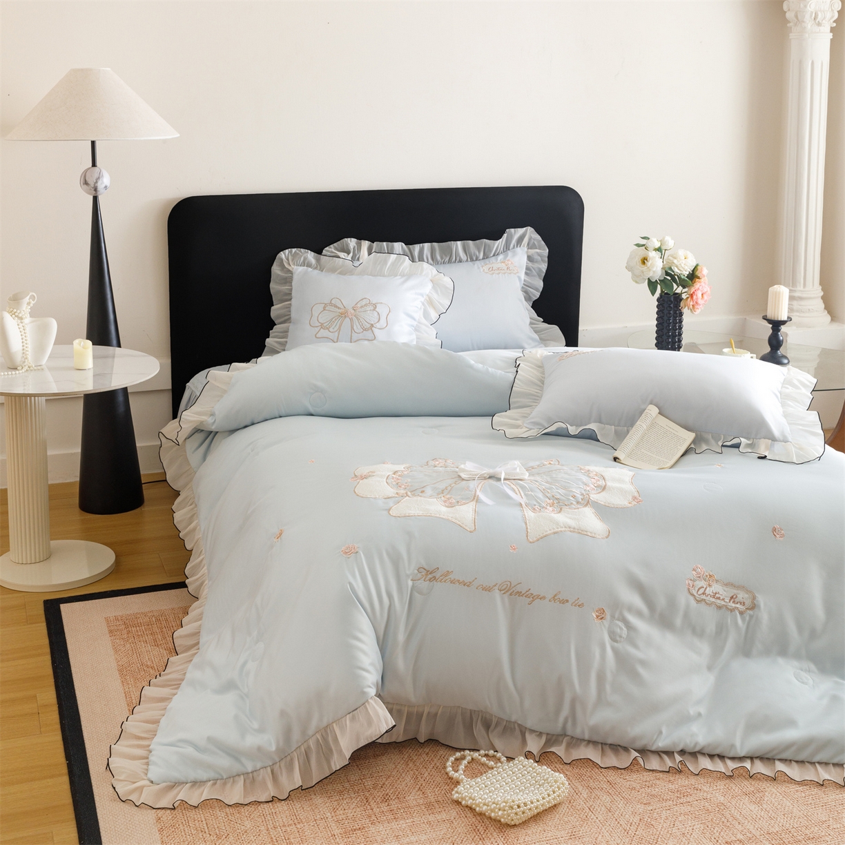 91家纺网 家纺一手货源 找家纺 绒棉世家 2026新款夏被韩版夏被四件套刺绣款直播热款 花仙子-蓝