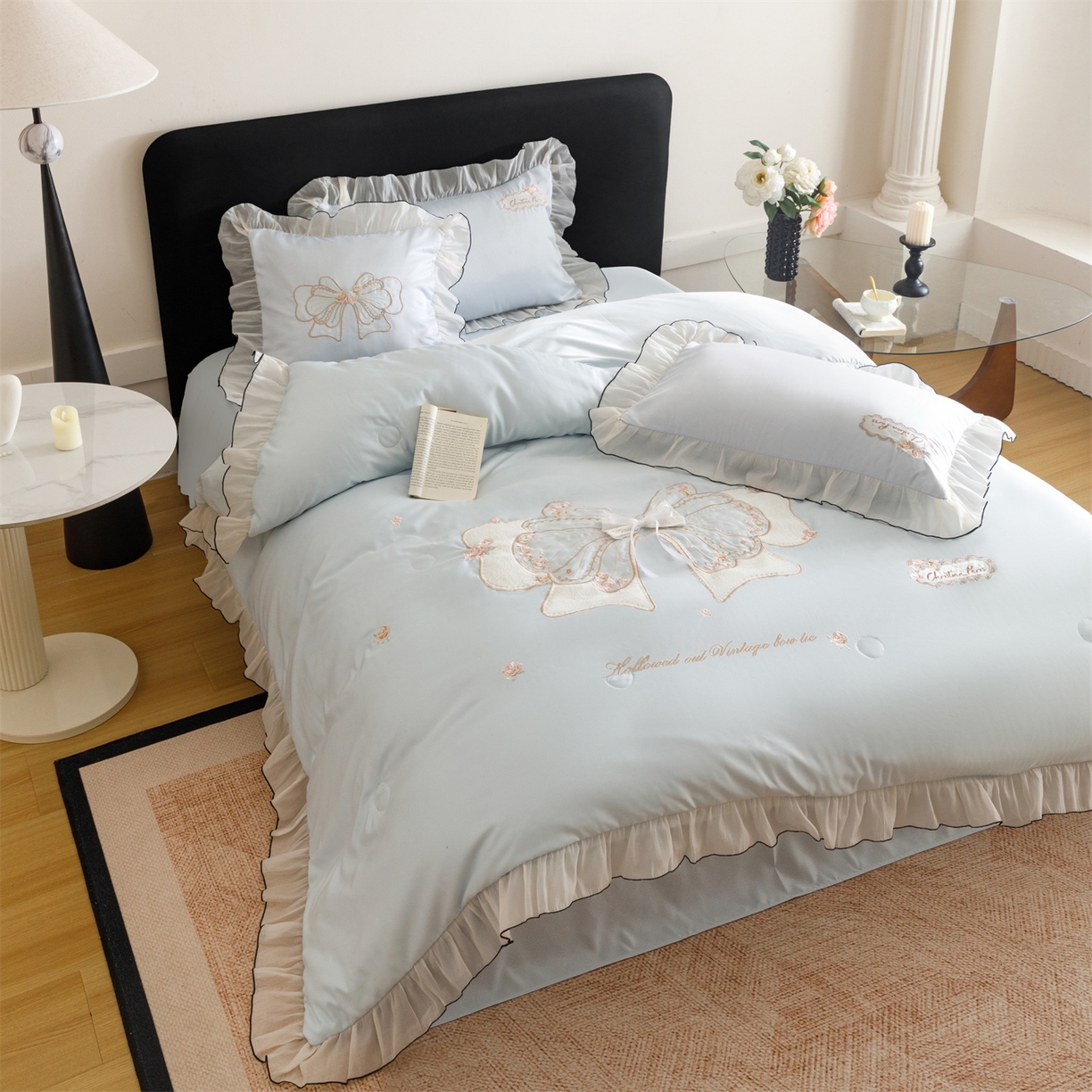 绒棉世家 2026新款夏被韩版夏被四件套刺绣款直播热款 花仙子-蓝