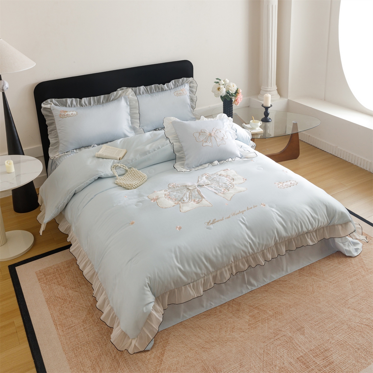 91家纺网 家纺一手货源 找家纺 绒棉世家 2026新款夏被韩版夏被四件套刺绣款直播热款 花仙子-蓝