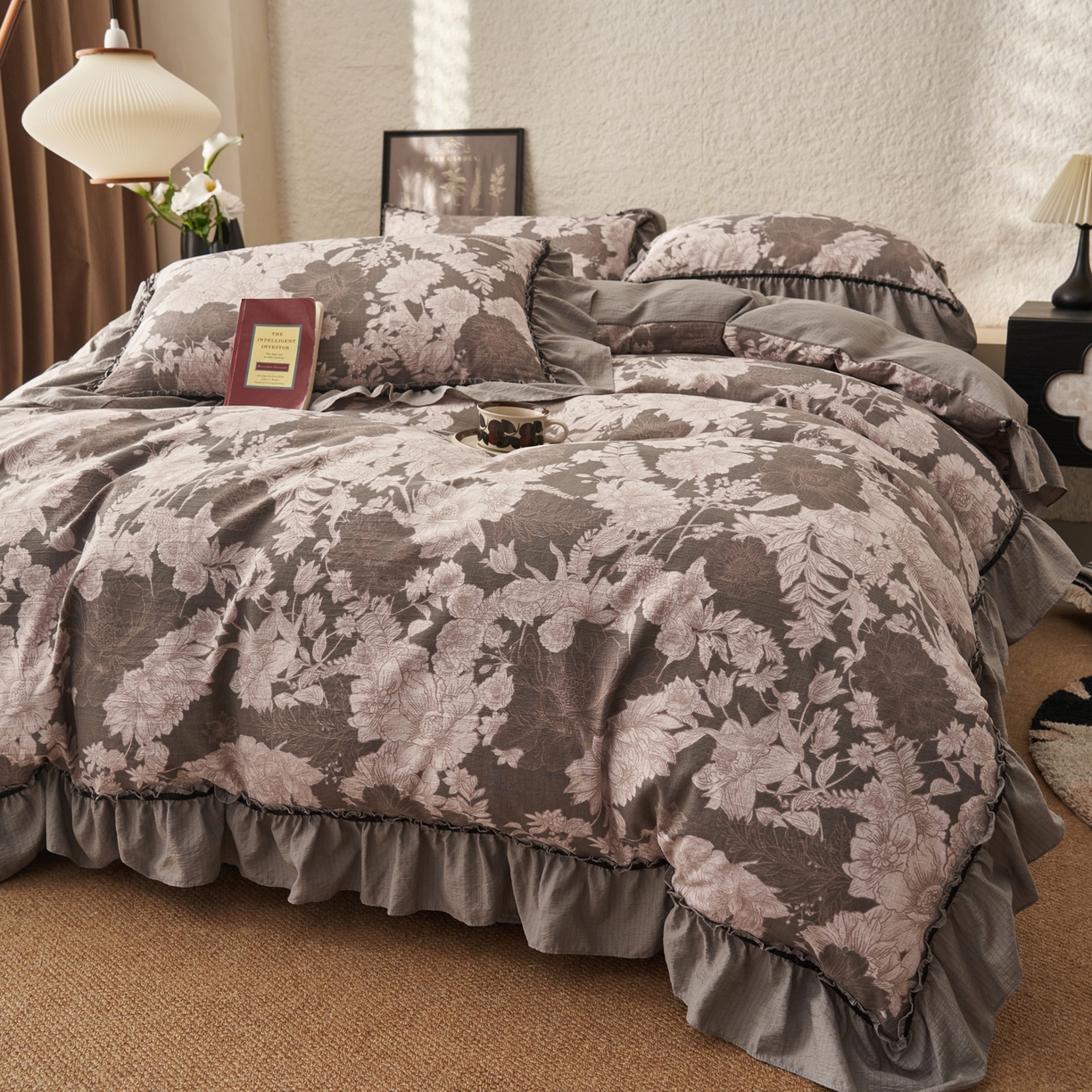 91家纺网 家纺一手货源 找家纺 晨曦家纺 2026春夏新款复古博主风A类亚麻皱皱纱花边四件套 水墨牡丹