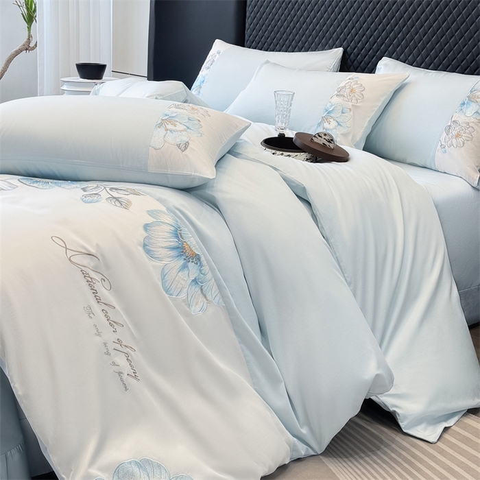 91家纺网 家纺一手货源 找家纺 绒棉世家 2026直播热款纯棉全棉100%刺绣四件套百分百 欧若拉-蓝