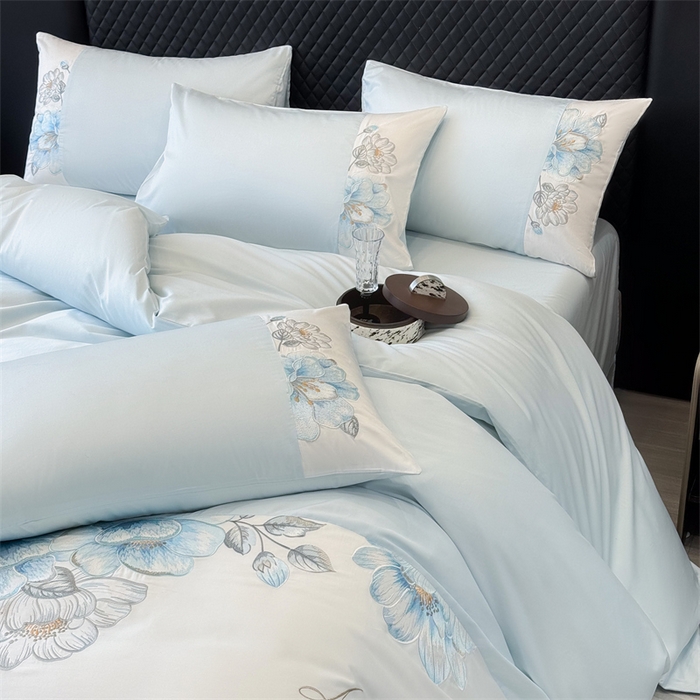 91家纺网 家纺一手货源 找家纺 绒棉世家 2026直播热款纯棉全棉100%刺绣四件套百分百 欧若拉-蓝