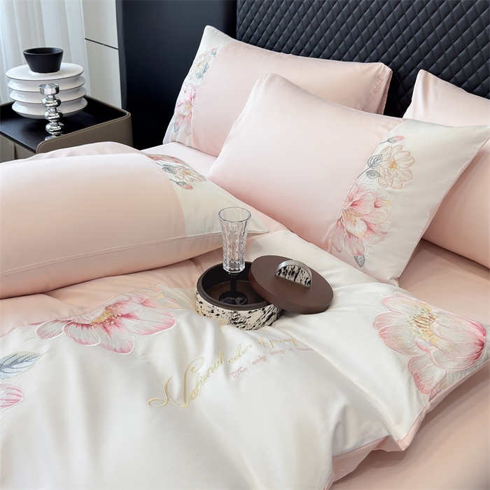 91家纺网 家纺一手货源 找家纺 绒棉世家 2026直播热款纯棉全棉100%刺绣四件套百分百 欧若拉-粉