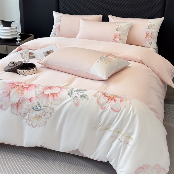 91家纺网 家纺一手货源 找家纺 绒棉世家 2026直播热款纯棉全棉100%刺绣四件套百分百 欧若拉-粉