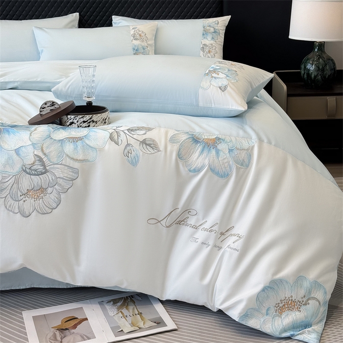 91家纺网 家纺一手货源 找家纺 绒棉世家 2026直播热款纯棉全棉100%刺绣四件套百分百 欧若拉-蓝