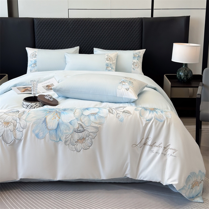 91家纺网 家纺一手货源 找家纺 绒棉世家 2026直播热款纯棉全棉100%刺绣四件套百分百 欧若拉-蓝