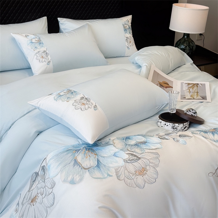 91家纺网 家纺一手货源 找家纺 绒棉世家 2026直播热款纯棉全棉100%刺绣四件套百分百 欧若拉-蓝