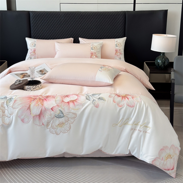 91家纺网 家纺一手货源 找家纺 绒棉世家 2026直播热款纯棉全棉100%刺绣四件套百分百 欧若拉-粉