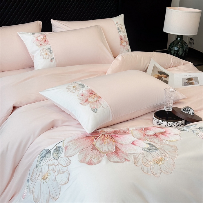 91家纺网 家纺一手货源 找家纺 绒棉世家 2026直播热款纯棉全棉100%刺绣四件套百分百 欧若拉-粉