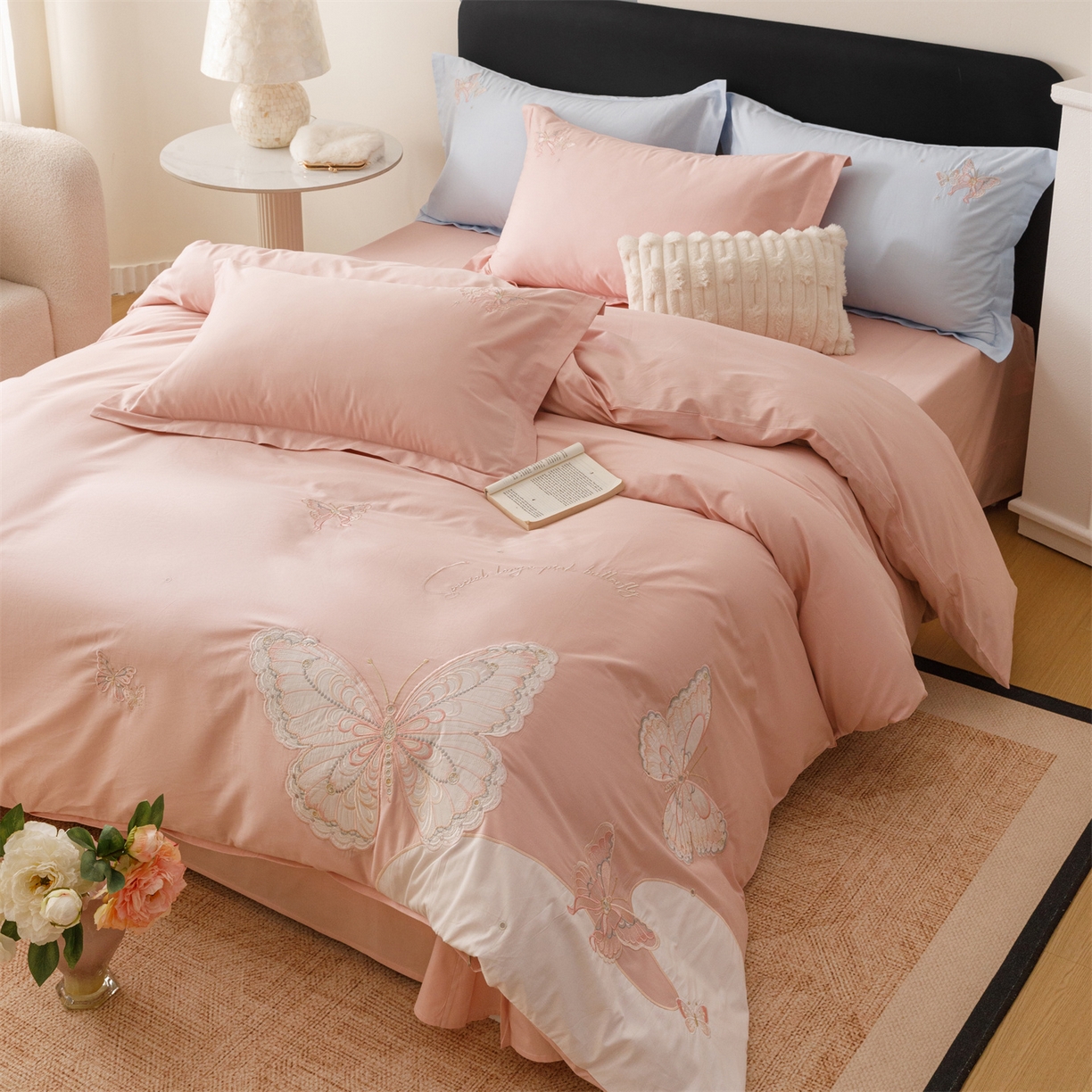 91家纺网 家纺一手货源 找家纺 绒棉世家 2026直播热款纯棉全棉100%刺绣四件套百分百 蝶梦-粉