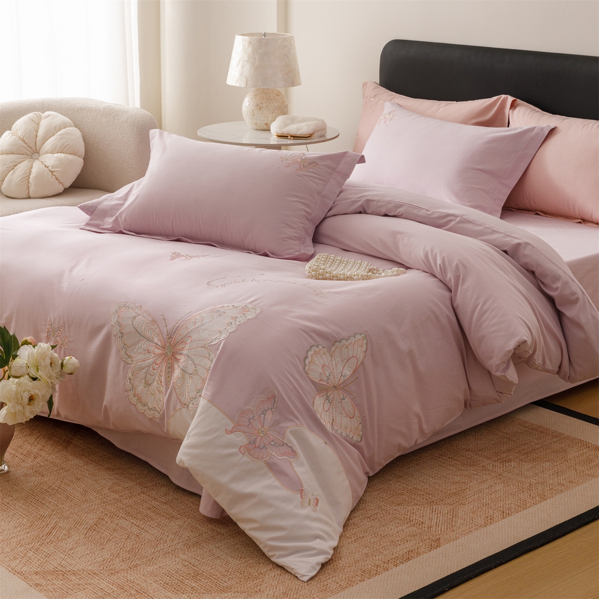 91家纺网 家纺一手货源 找家纺 绒棉世家 2026直播热款纯棉全棉100%刺绣四件套百分百 蝶梦-紫