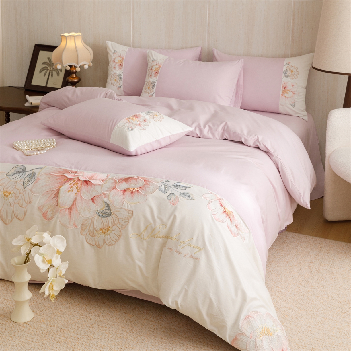 91家纺网 家纺一手货源 找家纺 绒棉世家 2026直播热款纯棉全棉100%刺绣四件套百分百 欧洛拉-紫