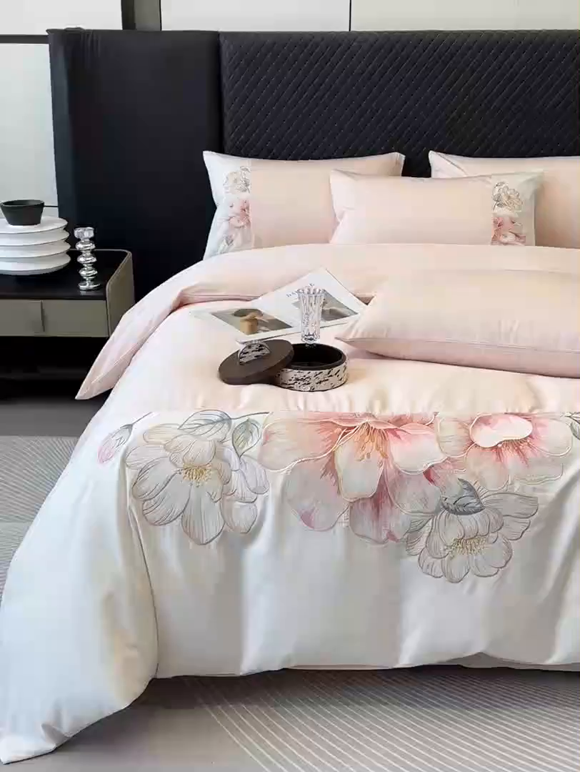 91家纺网 家纺一手货源 找家纺 绒棉世家 2026直播热款纯棉全棉100%刺绣四件套百分百 欧若拉-粉