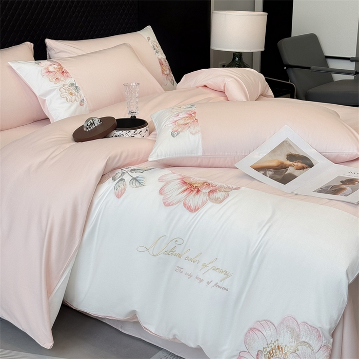 91家纺网 家纺一手货源 找家纺 绒棉世家 2026直播热款纯棉全棉100%刺绣四件套百分百 欧若拉-粉