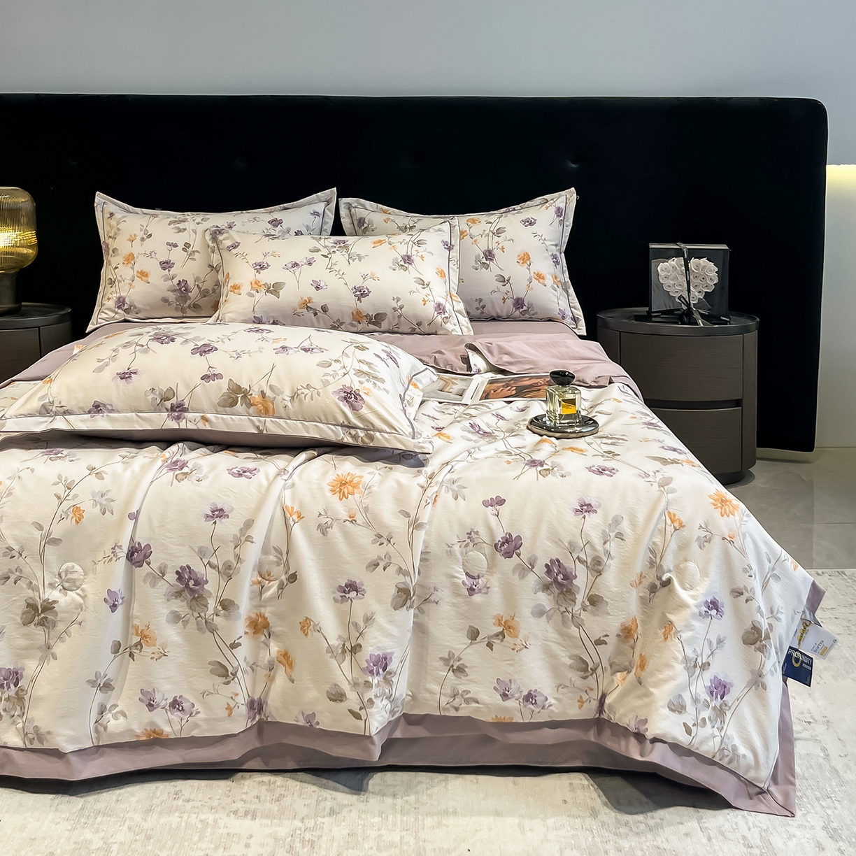 金梦拉家纺 2026新款凉感天丝竹节纱大宽边一字绣夏被空调被夏凉被四件套 幻境紫