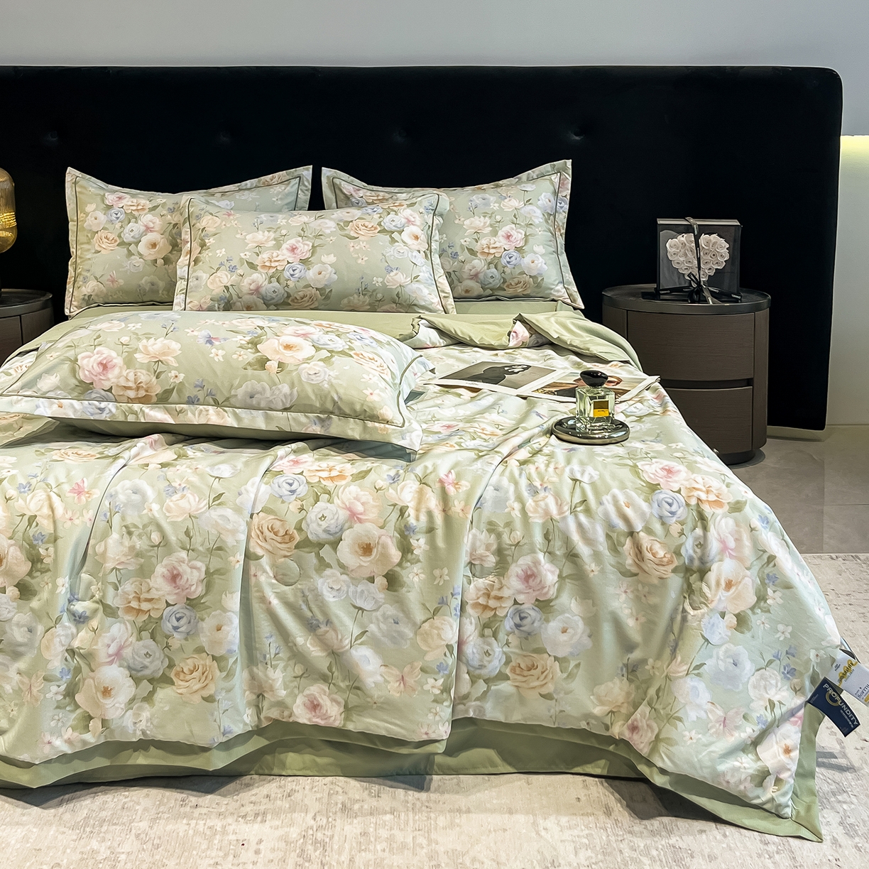 金梦拉家纺 2026新款凉感天丝竹节纱大宽边一字绣夏被空调被夏凉被四件套 绿韵春晓