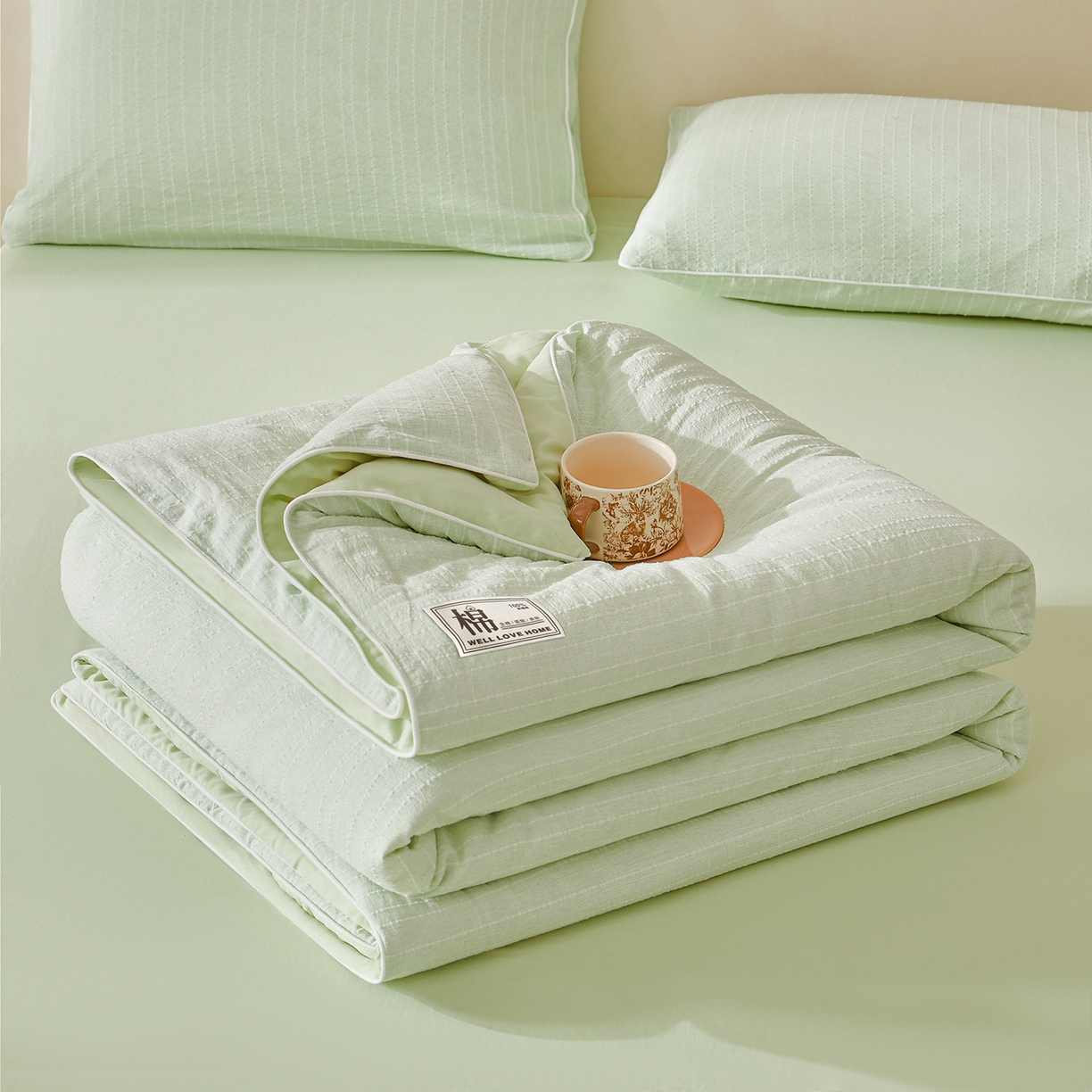91家纺网 家纺一手货源 找家纺 晓时候 2026新款色织水洗棉麻100%新疆棉花被夏被全棉被子夏凉被空调被 薄荷绿