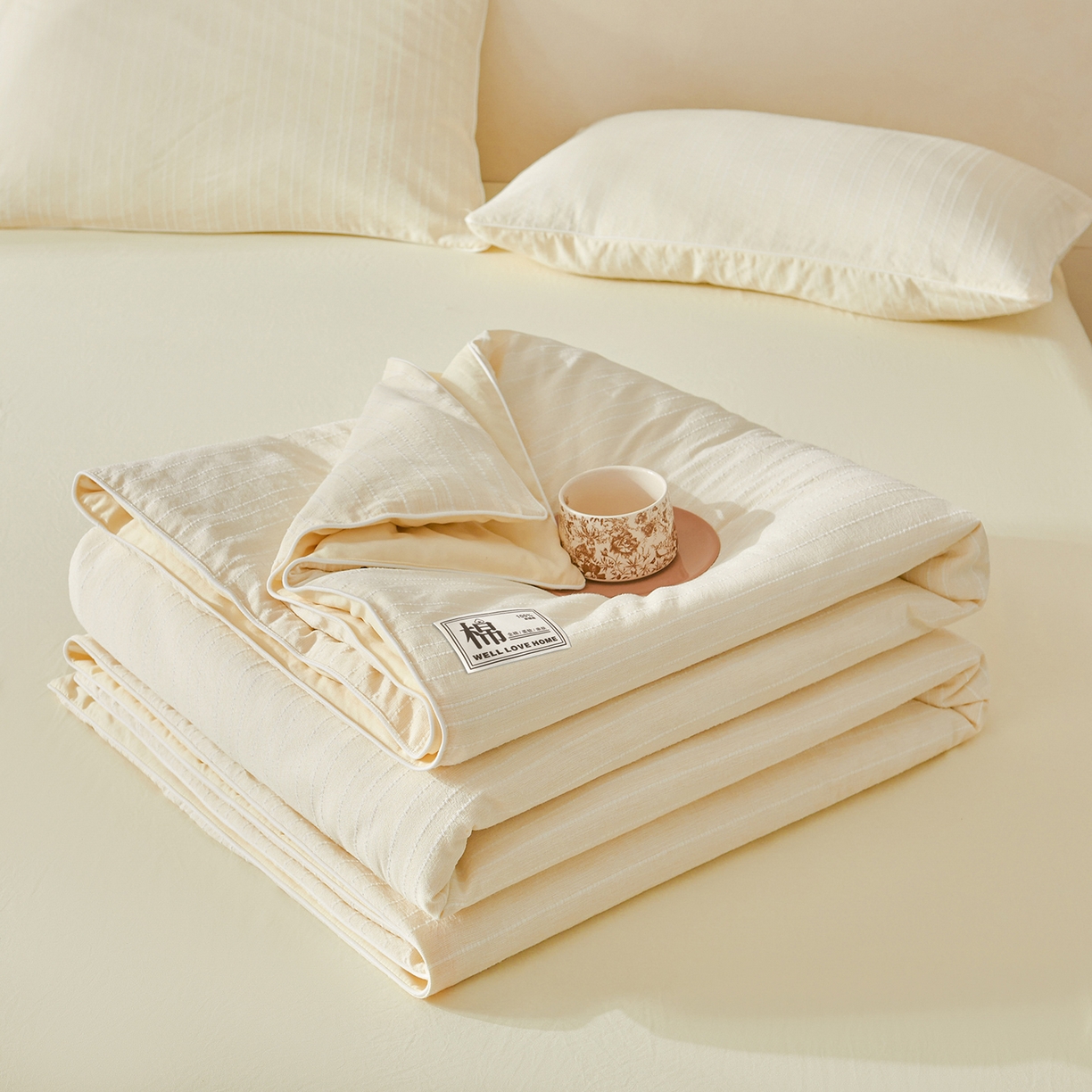 91家纺网 家纺一手货源 找家纺 晓时候 2026新款色织水洗棉麻100%新疆棉花被夏被全棉被子夏凉被空调被 奶芙黄