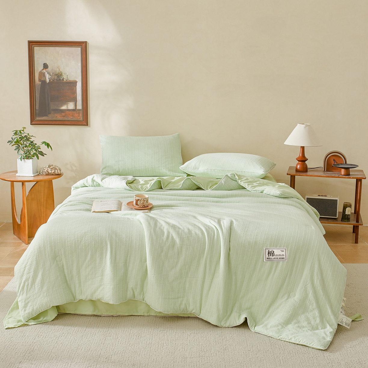 91家纺网 家纺一手货源 找家纺 晓时候 2026新款色织水洗棉麻100%新疆棉花被夏被全棉被子夏凉被空调被 薄荷绿