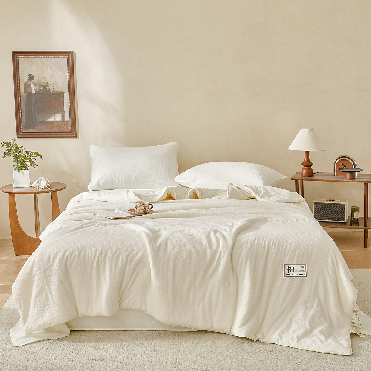 91家纺网 家纺一手货源 找家纺 晓时候 2026新款色织水洗棉麻100%新疆棉花被夏被全棉被子夏凉被空调被 珍珠白