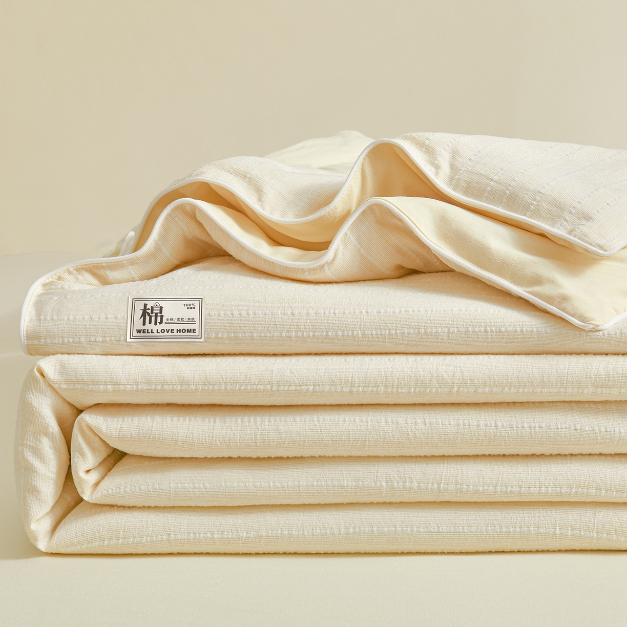 91家纺网 家纺一手货源 找家纺 晓时候 2026新款色织水洗棉麻100%新疆棉花被夏被全棉被子夏凉被空调被 奶芙黄