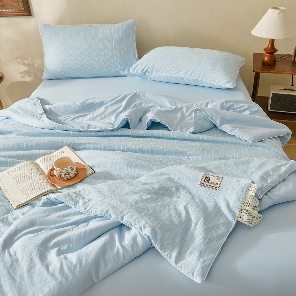 91家纺网 家纺一手货源 找家纺 晓时候 2026新款色织水洗棉麻100%新疆棉花被夏被全棉被子夏凉被空调被 静谧蓝