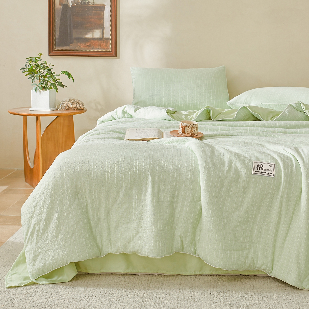 91家纺网 家纺一手货源 找家纺 晓时候 2026新款色织水洗棉麻100%新疆棉花被夏被全棉被子夏凉被空调被 薄荷绿