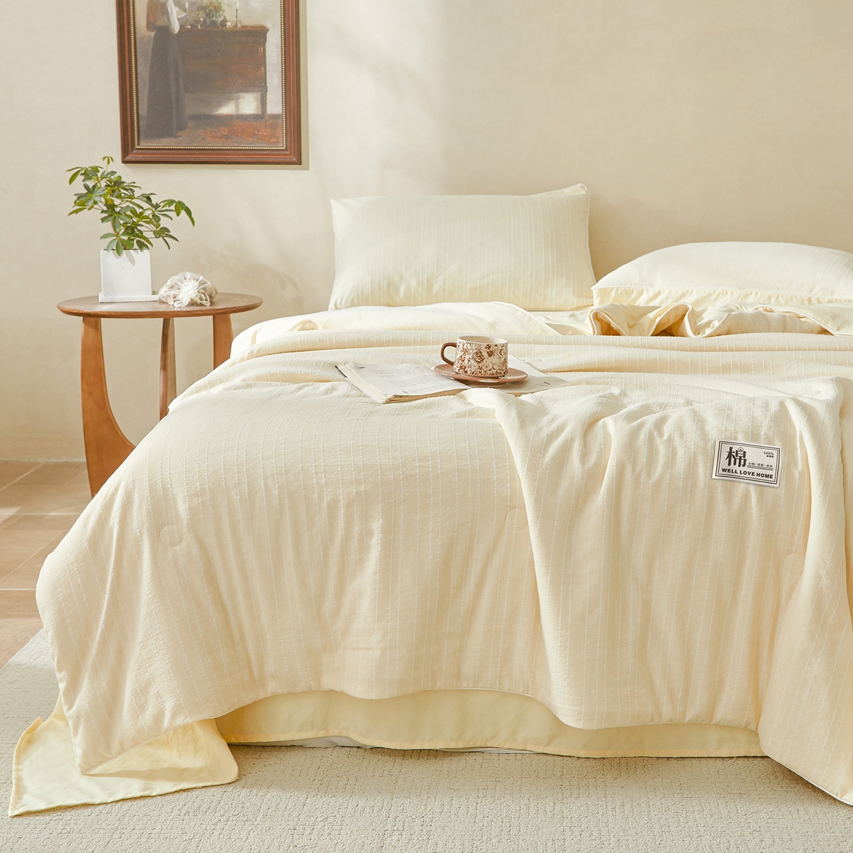 91家纺网 家纺一手货源 找家纺 晓时候 2026新款色织水洗棉麻100%新疆棉花被夏被全棉被子夏凉被空调被 奶芙黄