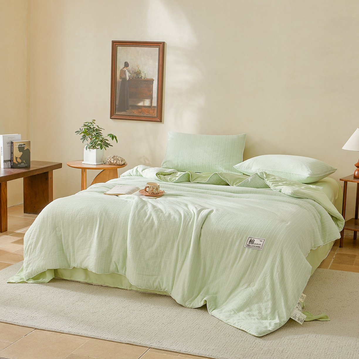 91家纺网 家纺一手货源 找家纺 晓时候 2026新款色织水洗棉麻100%新疆棉花被夏被全棉被子夏凉被空调被 薄荷绿