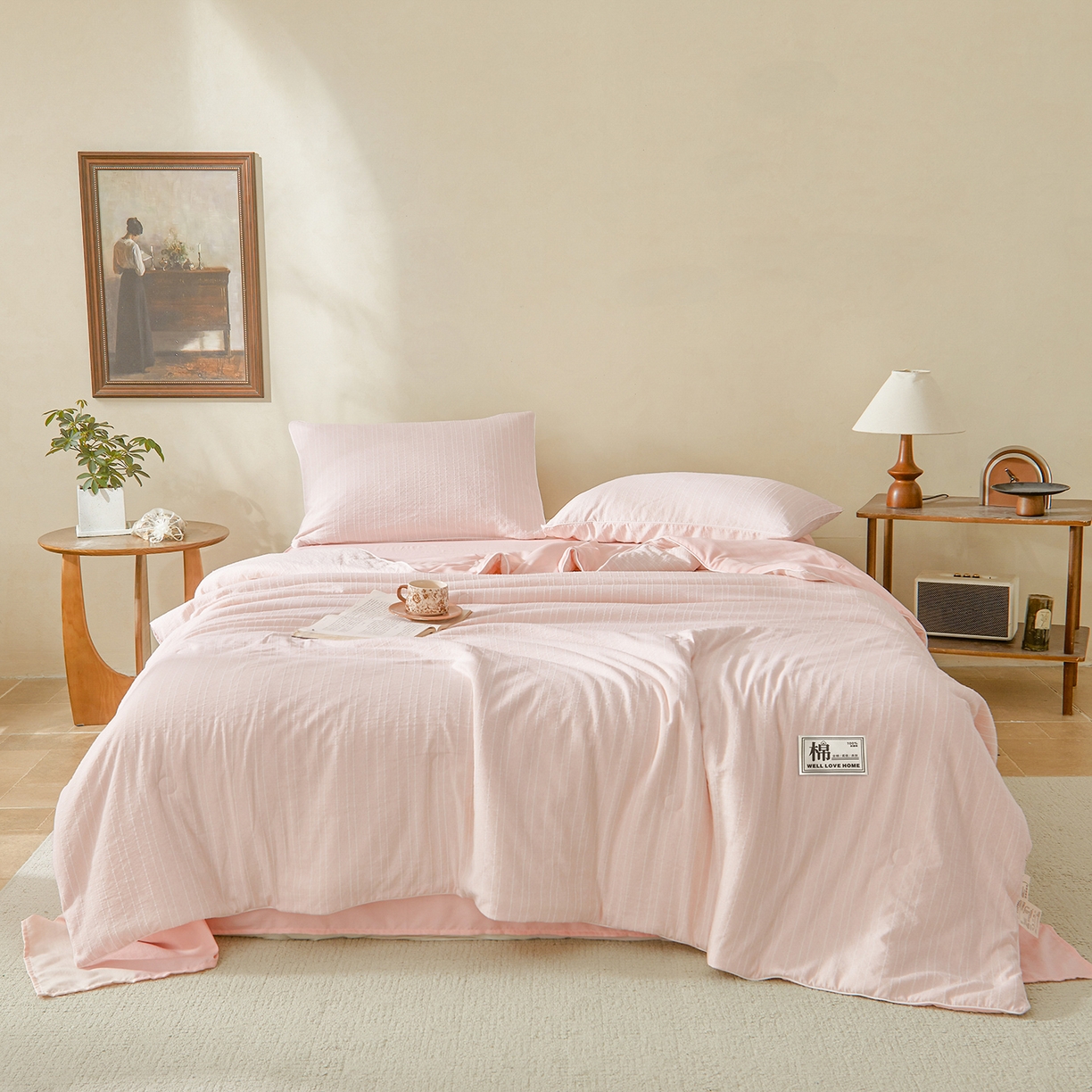 91家纺网 家纺一手货源 找家纺 晓时候 2026新款色织水洗棉麻100%新疆棉花被夏被全棉被子夏凉被空调被 香妃粉