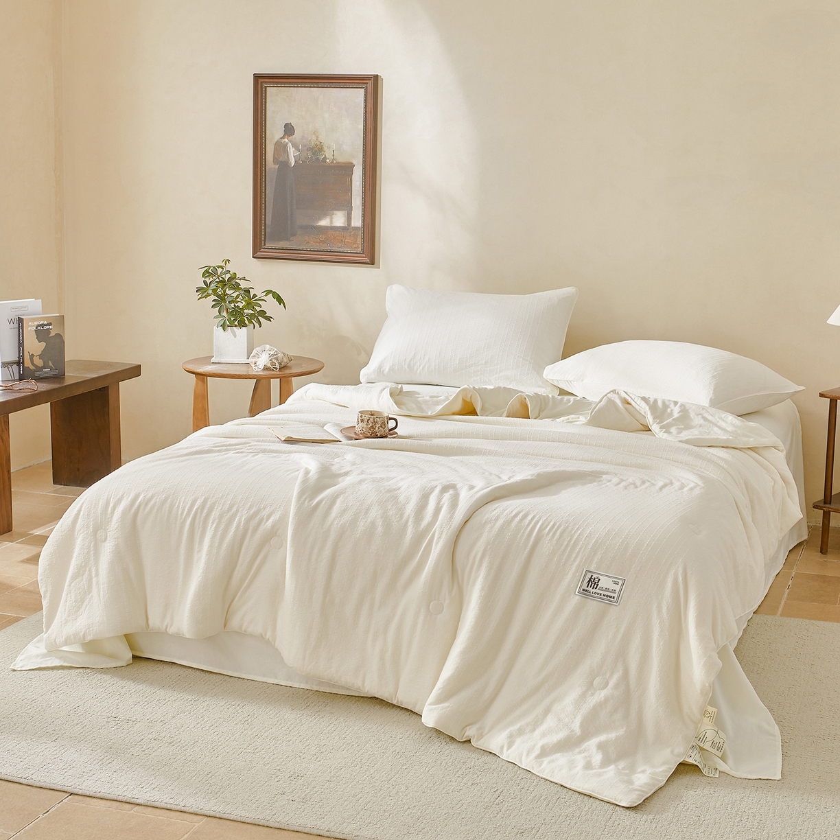 91家纺网 家纺一手货源 找家纺 晓时候 2026新款色织水洗棉麻100%新疆棉花被夏被全棉被子夏凉被空调被 珍珠白