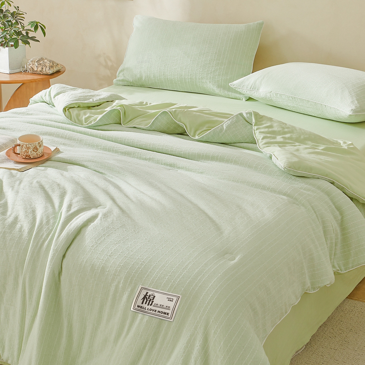 91家纺网 家纺一手货源 找家纺 晓时候 2026新款色织水洗棉麻100%新疆棉花被夏被全棉被子夏凉被空调被 薄荷绿