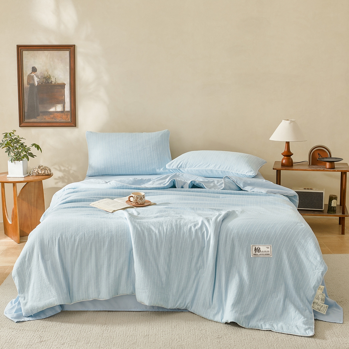 91家纺网 家纺一手货源 找家纺 晓时候 2026新款色织水洗棉麻100%新疆棉花被夏被全棉被子夏凉被空调被 静谧蓝