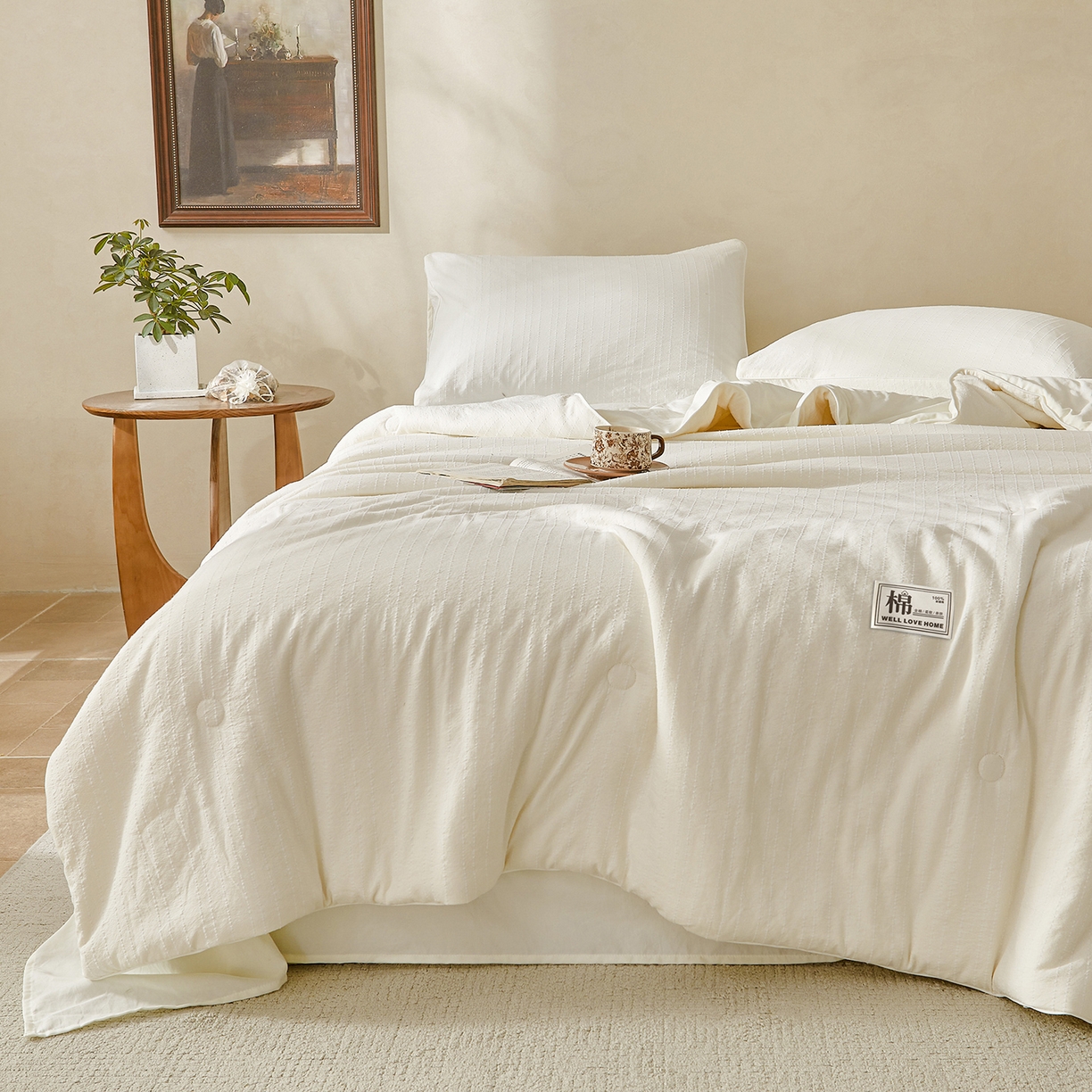 91家纺网 家纺一手货源 找家纺 晓时候 2026新款色织水洗棉麻100%新疆棉花被夏被全棉被子夏凉被空调被 珍珠白