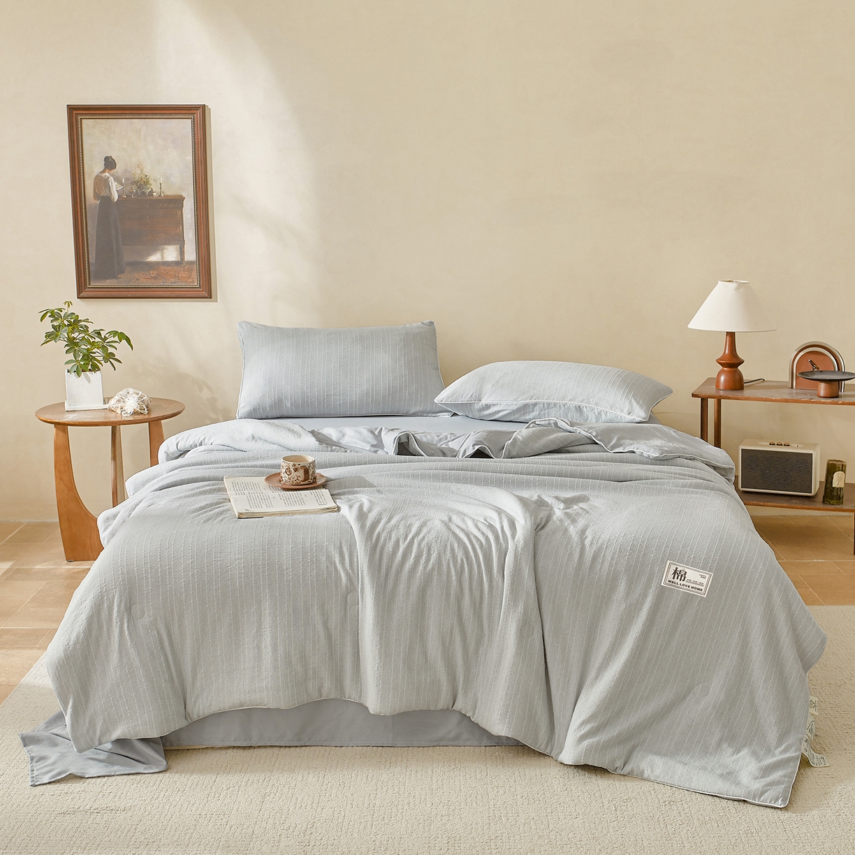 91家纺网 家纺一手货源 找家纺 晓时候 2026新款色织水洗棉麻100%新疆棉花被夏被全棉被子夏凉被空调被 暮色灰