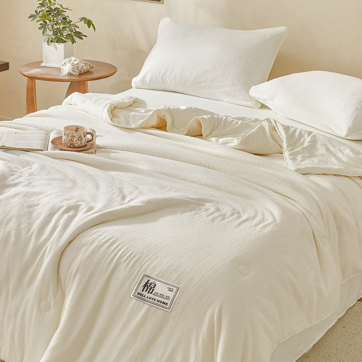 91家纺网 家纺一手货源 找家纺 晓时候 2026新款色织水洗棉麻100%新疆棉花被夏被全棉被子夏凉被空调被 珍珠白