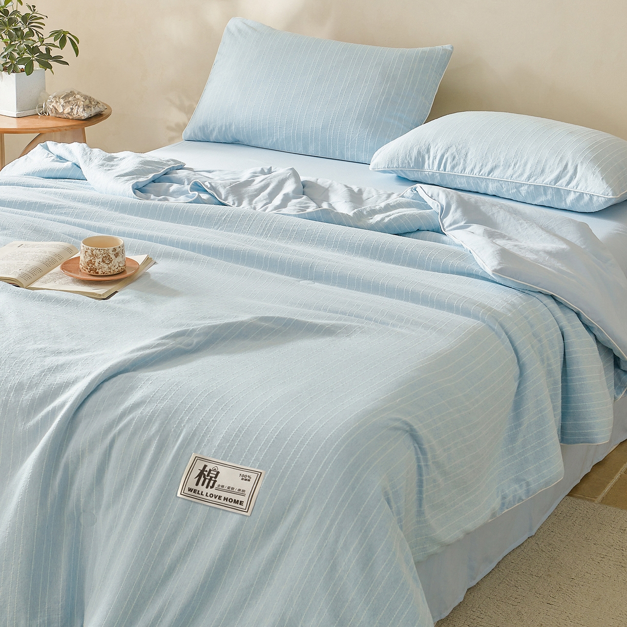 91家纺网 家纺一手货源 找家纺 晓时候 2026新款色织水洗棉麻100%新疆棉花被夏被全棉被子夏凉被空调被 静谧蓝