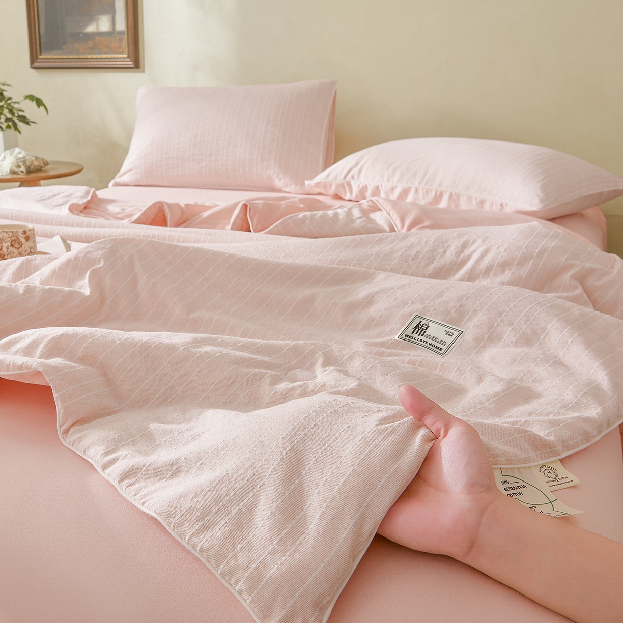 91家纺网 家纺一手货源 找家纺 晓时候 2026新款色织水洗棉麻100%新疆棉花被夏被全棉被子夏凉被空调被 香妃粉