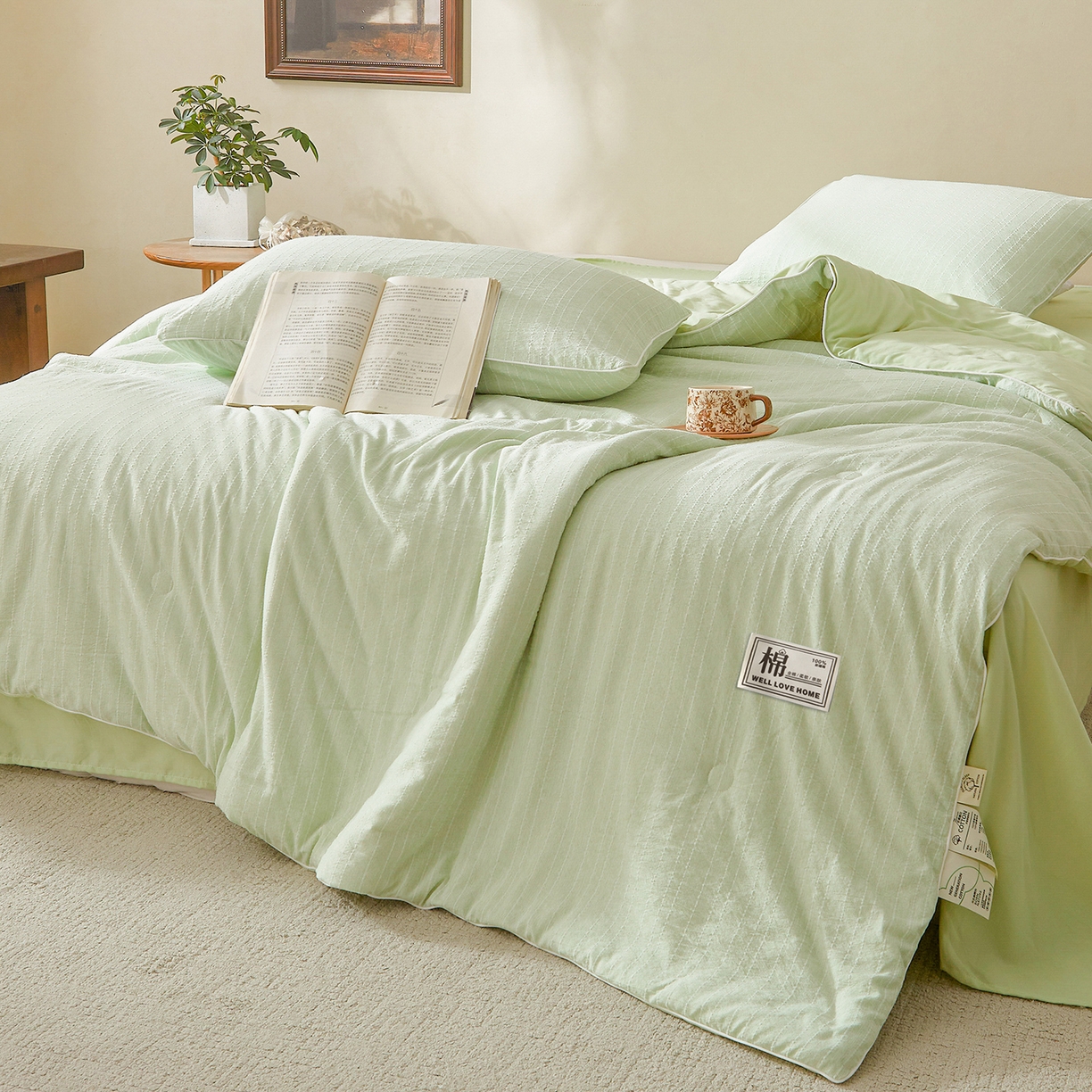 91家纺网 家纺一手货源 找家纺 晓时候 2026新款色织水洗棉麻100%新疆棉花被夏被全棉被子夏凉被空调被 薄荷绿