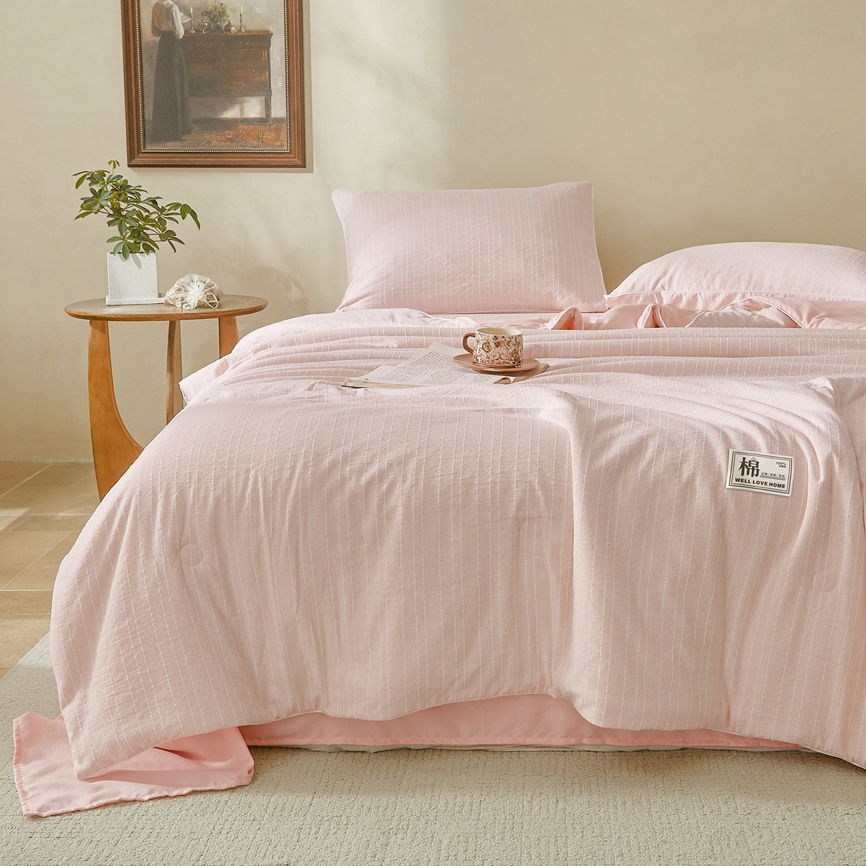 91家纺网 家纺一手货源 找家纺 晓时候 2026新款色织水洗棉麻100%新疆棉花被夏被全棉被子夏凉被空调被 香妃粉