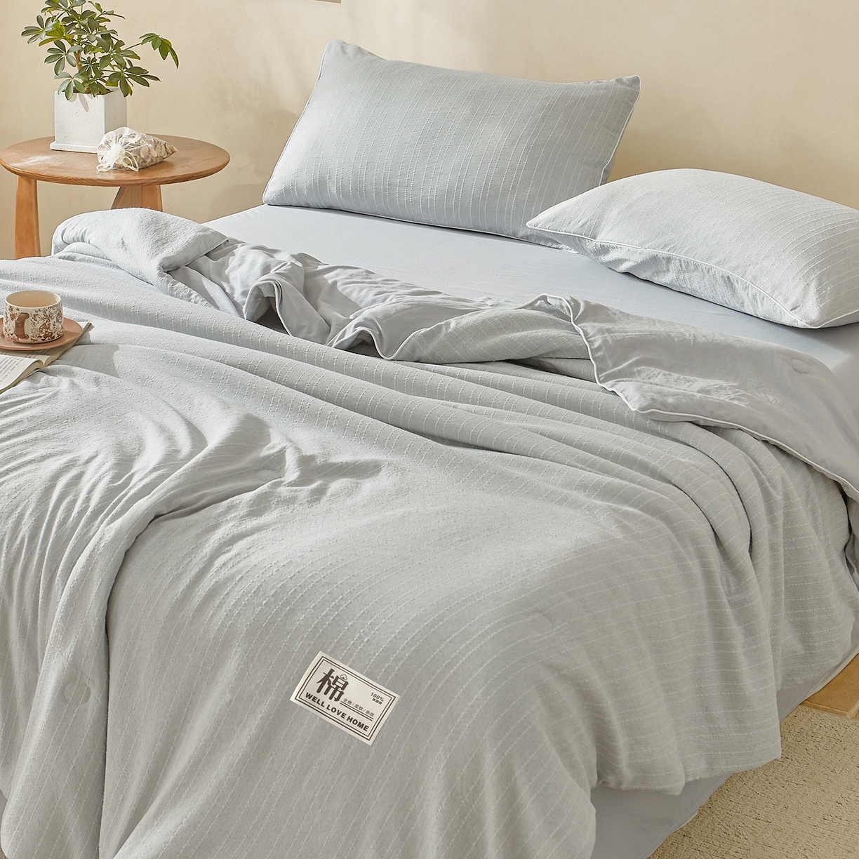 91家纺网 家纺一手货源 找家纺 晓时候 2026新款色织水洗棉麻100%新疆棉花被夏被全棉被子夏凉被空调被 暮色灰