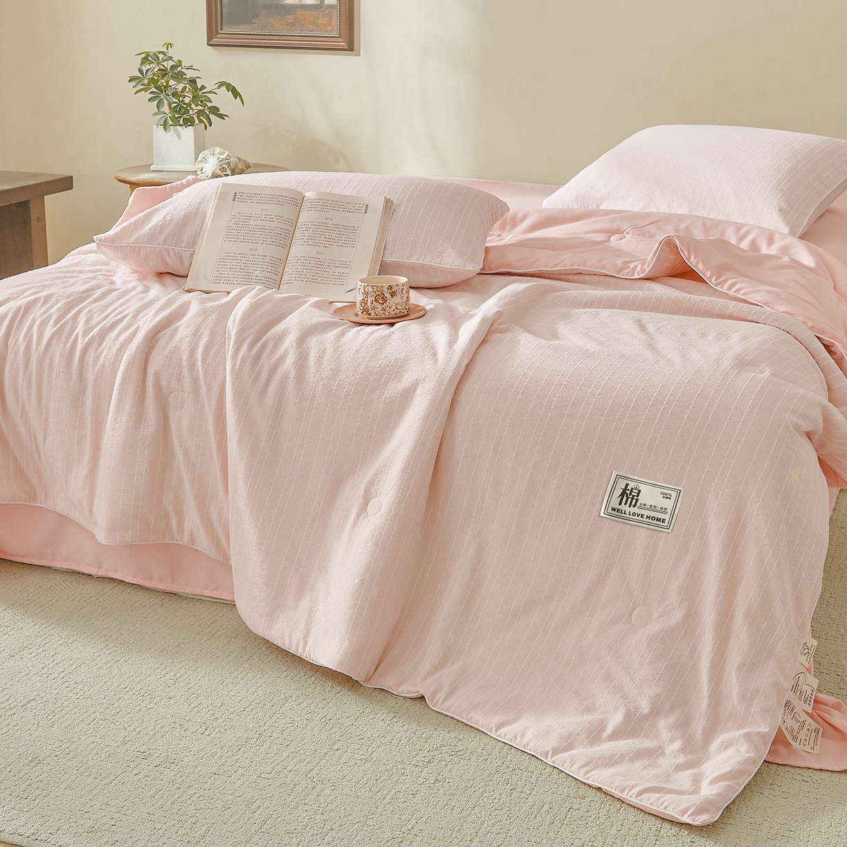 91家纺网 家纺一手货源 找家纺 晓时候 2026新款色织水洗棉麻100%新疆棉花被夏被全棉被子夏凉被空调被 香妃粉