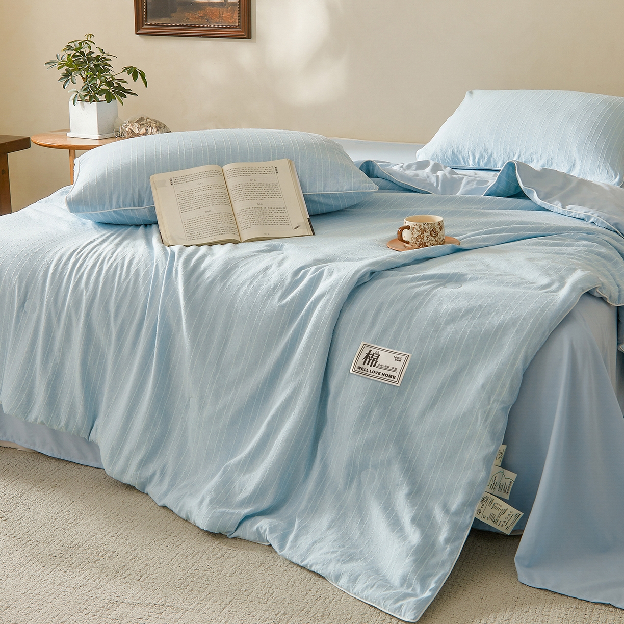 91家纺网 家纺一手货源 找家纺 晓时候 2026新款色织水洗棉麻100%新疆棉花被夏被全棉被子夏凉被空调被 静谧蓝