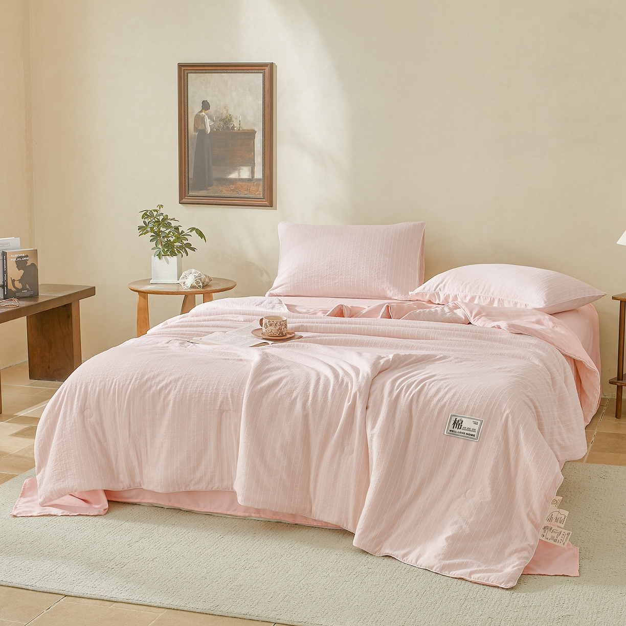 91家纺网 家纺一手货源 找家纺 晓时候 2026新款色织水洗棉麻100%新疆棉花被夏被全棉被子夏凉被空调被 香妃粉