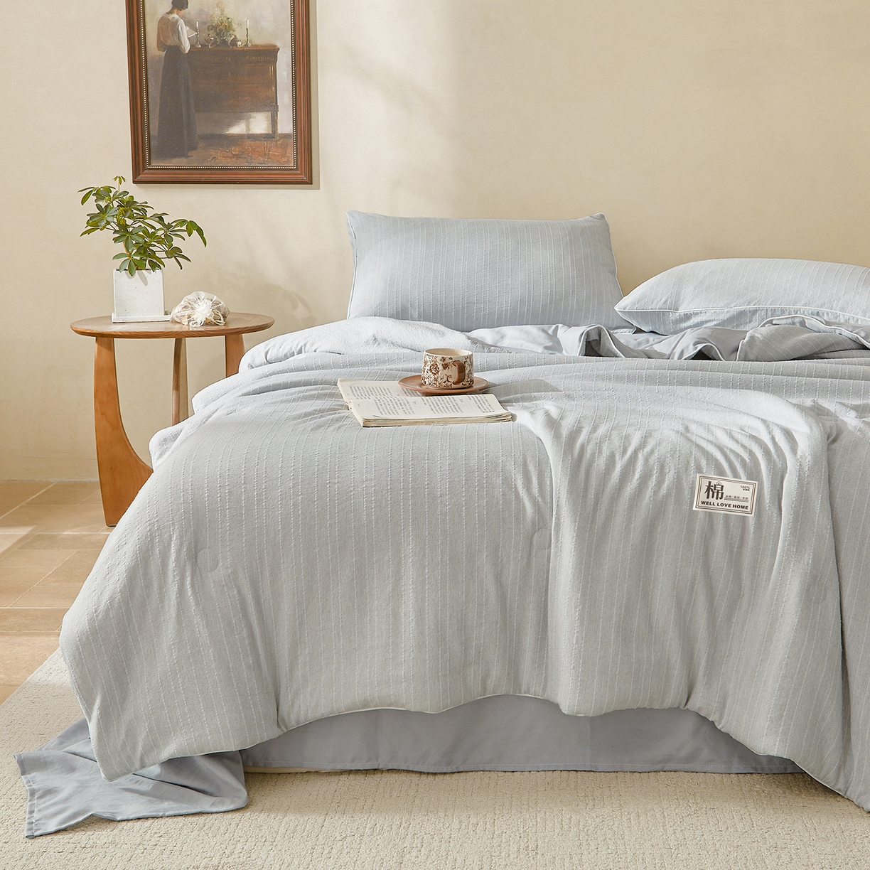 91家纺网 家纺一手货源 找家纺 晓时候 2026新款色织水洗棉麻100%新疆棉花被夏被全棉被子夏凉被空调被 暮色灰