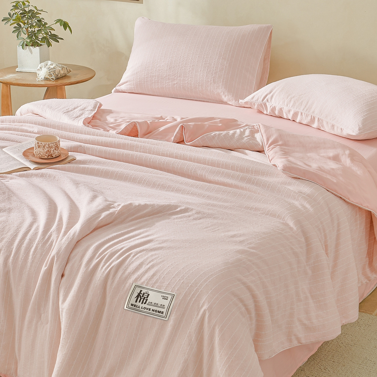 91家纺网 家纺一手货源 找家纺 晓时候 2026新款色织水洗棉麻100%新疆棉花被夏被全棉被子夏凉被空调被 香妃粉